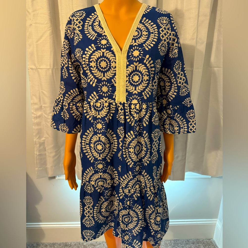 Pretty Saiph Lab size L blue ivory print 3/4 sleeve babydoll dress NWOT